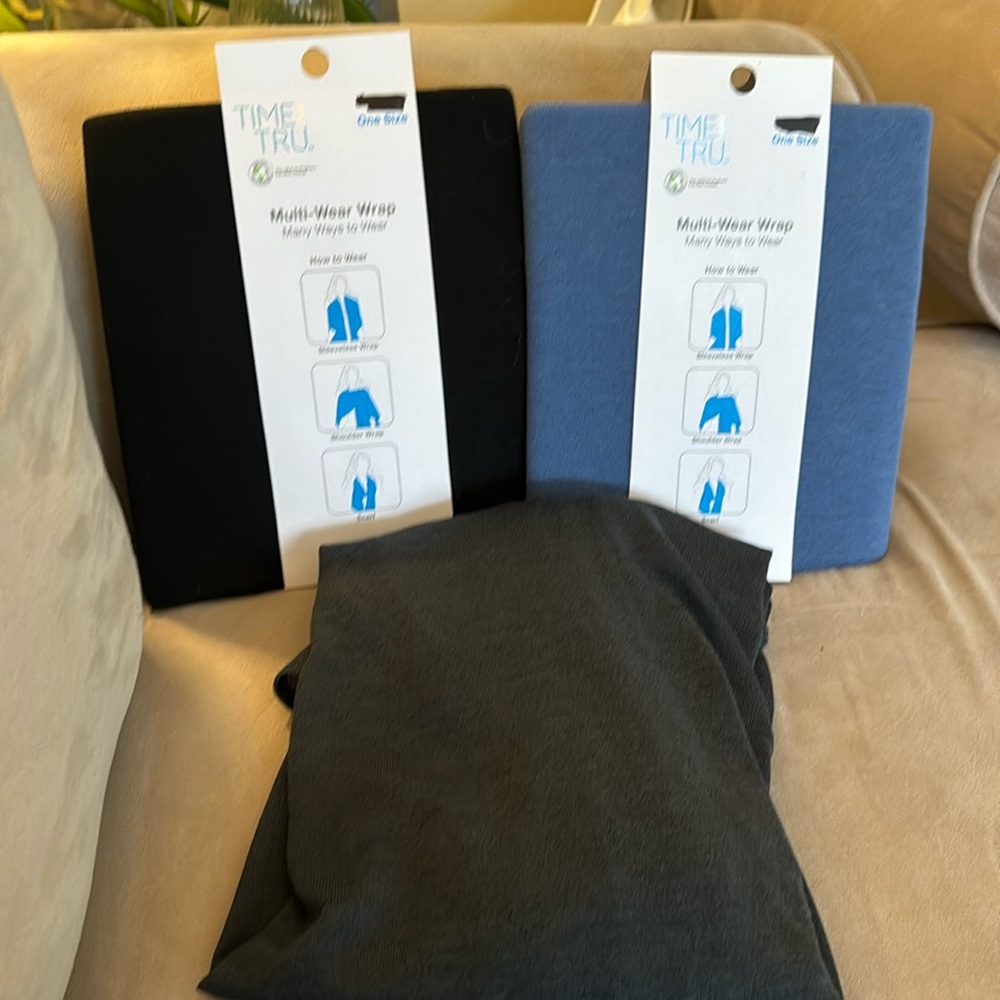 3 Time and Tru Multi-wear Wrap - 2 NWT (black & blue) 1 open, like new (gray)